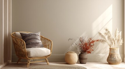 Poster - Empty beige wall mockup in boho room interior with wicker armchair and vase, natural daylight from a window, promotion background