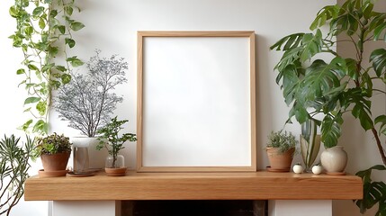 Poster - Empty frame on a white mantle with plants, blank mock up for art showcase