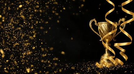 Poster - Gold trophy background with serpentine and confetti, copy space, competition concept