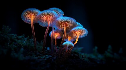 Poster - Glowing mushrooms, magical shimmering mushrooms in a mysterious forest