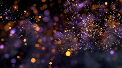 Aufkleber - Gold and dark violet fireworks and bokeh in new year eve and copy space, abstract background holiday
