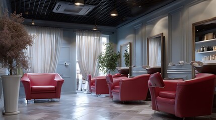Poster - Hairdressing salon without clients, three chairs in a row near the mirror