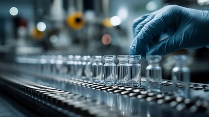 Aufkleber - Hand with sanitary gloves check medical vials on production line at pharmaceutical factory, pharmaceutical machine working pharmaceutical glass bottles production line