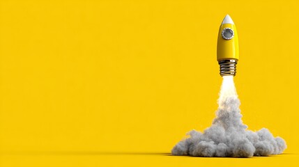 Aufkleber - Light bulb taking off like rocket on yellow background, startup and business concept