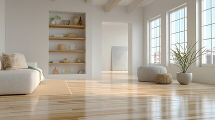 Poster - Modern minimal clean clear contemporary living room home interior design daylight background, beige white sofa couch in living room daylight from window freshness moment mock up interior