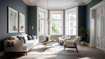 Aufkleber - Modern scandinavian home interior design characterized by an elegant living room featuring a comfortable sofa, mid century furniture, cozy carpet, wooden floor, white walls, and home plants