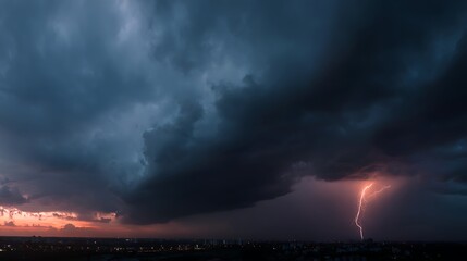 Aufkleber - Panorama dark cloud at evening sky with thunder bolt, heavy storm bringing thunder, lightnings and rain in summer, black and white thunderbolt background