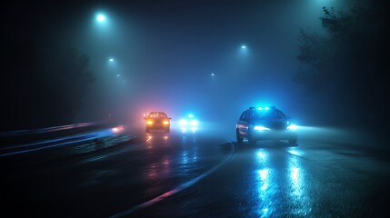Aufkleber - Police cars driving at night chasing a car in fog 911 police car rushing to crime scene