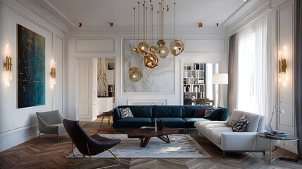 Aufkleber - The living room is modern and has parquet flooring with chic furniture