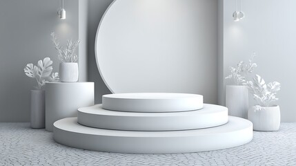 Poster - White colour object stage podium stand for sample product showcase display advertising background product showcase stand with grey colour commercial display ideas
