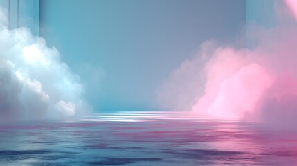 Aufkleber - A beautiful light blue background with white smoke trailing across the floor with pink lighting, abstract background for presentation
