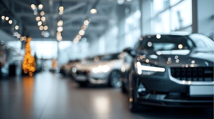 Aufkleber - A blurred view of a car showroom with new cars on display, creating an abstract backdrop
