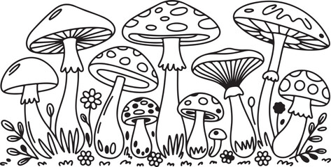 whimsical mushroom patch illustration with cartoon toadstools, floral elements and fun forest ground