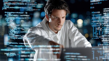 Focused Programmer Working Late on Software Development Project Night Cityscape Background