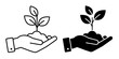 © Vintage Stock - Two hands holding a small plant with leaves in soil one in outline and one in solid black color