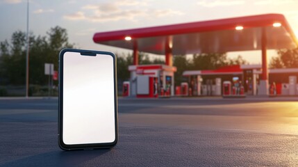 Smartphone Mockup at Gas Station Sunset, Blank Screen, Mobile App