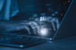 © ART STOCK CREATIVE - business analyst using AI technology, cybersecurity tools, biometric facial recognition, and fintech analytics dashboard to enhance data security, system performance, and financial insight reports.
