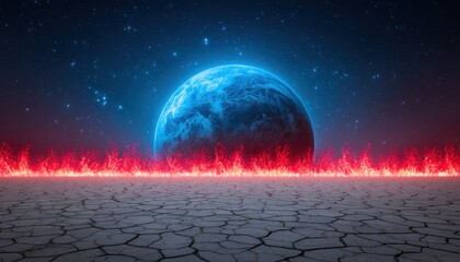 a cracked earth landscape, with a vibrant blue earth in a starry night sky, bordered by fiery flames