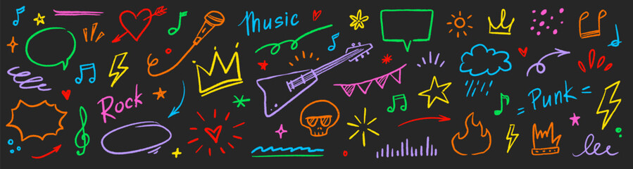 Poster - Music star doodle icon punk rock set. Hand drawn music sketch guitar, microphone, skull. Fun graffiti star shape doodle arrow, crown, speech bubble grunge decoration elements. Vector illustration
