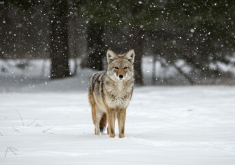  Coyote standing in a snowy forest during a winter snowfall