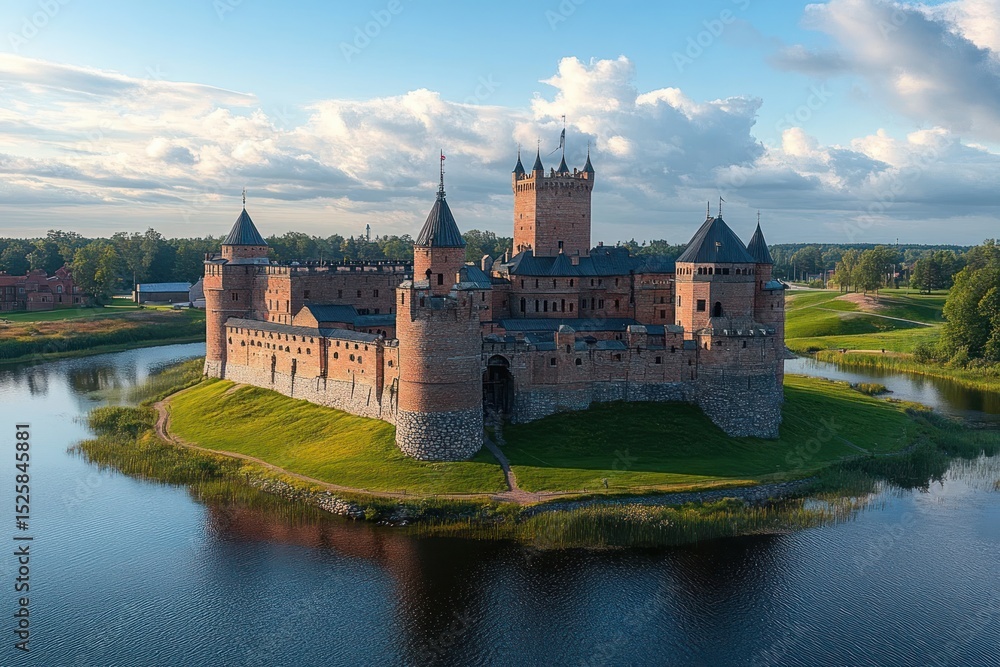 Large medieval brick castle with multiple towers surrounded by water ...