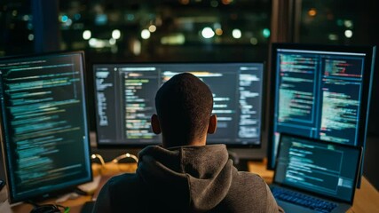 A programmer immersed in lines of code, working late into the night on multiple screens.