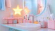 © S.Kumja - Pastel bathroom counter with glittery soap dispensers, translucent storage boxes, neon star-shaped mirror, and retro mirror.