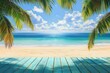 © oio - Sunny tropical beach scene with clear blue ocean, white sandy shore, bright sky with scattered clouds, and palm tree leaves framing the view with shadows cast on a weathered wooden deck