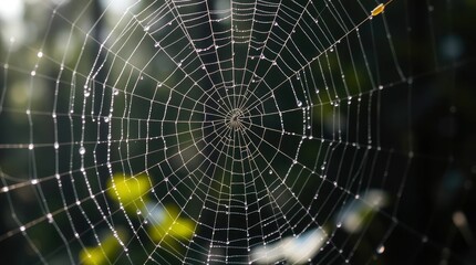 Detailed spiderweb covered in glistening dew drops set against a blurred natural backdrop