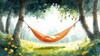 © Newstep - A bright orange hammock hangs between trees in a sunlit, peaceful forest clearing with wildflowers.