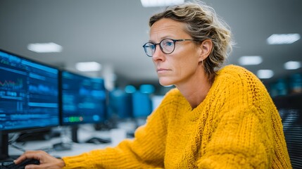 Woman with glasses works at computer with code on screen in office.