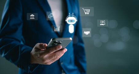 Aufkleber - AI digital marketing solution, Businessman using smartphone with virtual AI assistant and marketing icons. Automation, online commerce, fintech, artificial intelligence in business strategy.