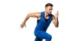 © Jessica - Man in blue athletic wear running in a sprint pose against white background