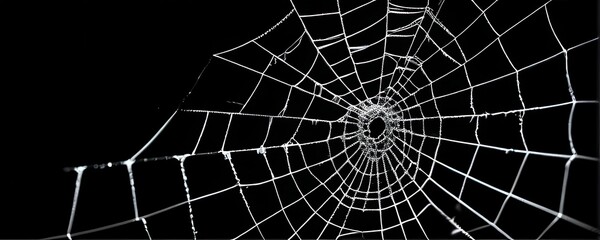 Intricate Spiderweb Close Up Monochrome Geometric Pattern on Black Background
