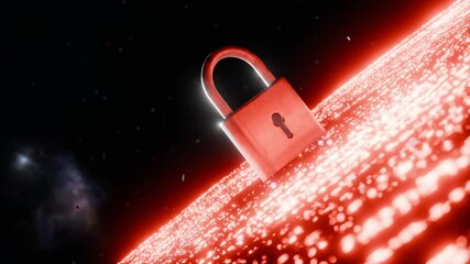 Wall Mural - metal padlock standing on glowing red digital surface in dark space. cyber security and data protect
