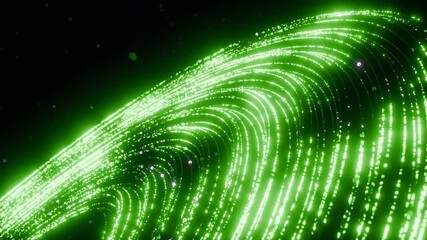 Wall Mural - abstract wave of glowing green particles and light trails on black background. futuristic technology