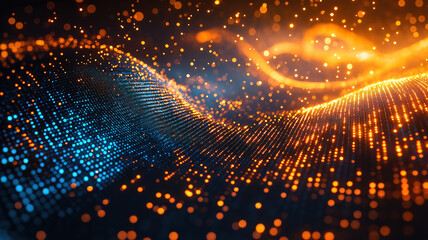 Wall Mural - abstract cloud computing with digital hologram and flowing data in blue golden light backdrop