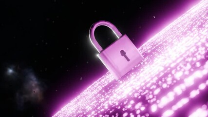 Wall Mural - metal padlock standing on glowing pink digital surface in dark space. cyber security and data protec