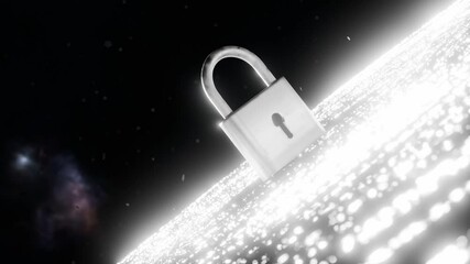 Wall Mural - metal padlock standing on glowing white digital surface in dark space. cyber security and data prote