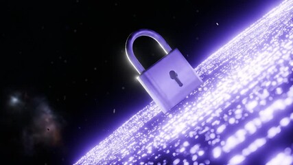 Wall Mural - metal padlock standing on glowing purple digital surface in dark space. cyber security and data prot