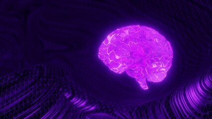 Sticker - glowing purple human brain above abstract digital mesh background. artificial intelligence and neura