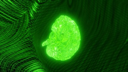 Sticker - glowing green human brain above abstract digital mesh background. artificial intelligence and neural