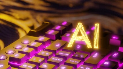 Wall Mural - glowing yellow letters ai above illuminated computer keyboard with digital background. artificial in