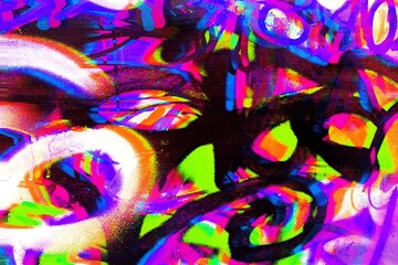 Wall Mural - funky glitch art in neon purple, green, pink. 80s, 90s, y2k styles, psychedelic distortion, vibrant 