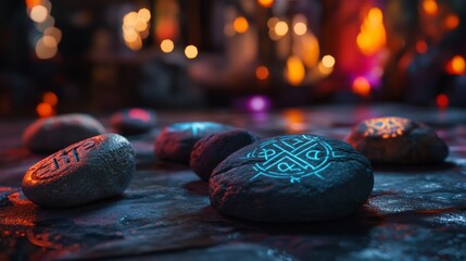 Wall Mural - A mystical arrangement of glowing stones creates an enchanting atmosphere. Each stone tells a story through its unique symbols. Explore this captivating scene. Generative AI