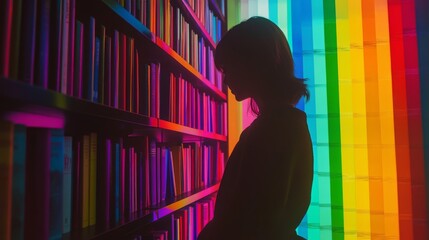 Wall Mural - a silhouette stands near a vibrant bookshelf. colorful rainbow light casts stunning shadows. books f