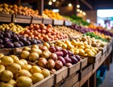Colorful heirloom potatoes arranged in a market stall