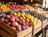 Colorful heirloom potatoes arranged in a market stall