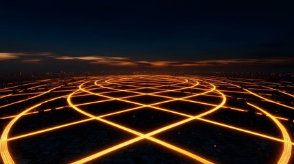 Wall Mural - a futuristic cityscape at night is depicted, with bright orange glowing lines forming a complex netw
