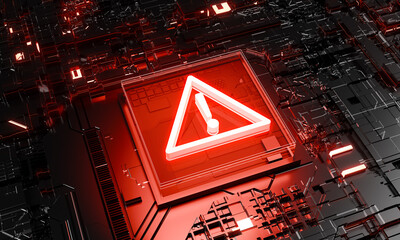 warning alert a digital illustration of a red warning sign embedded within a detailed circuit board,